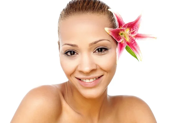 Woman lily flower in hair — Stock Photo, Image