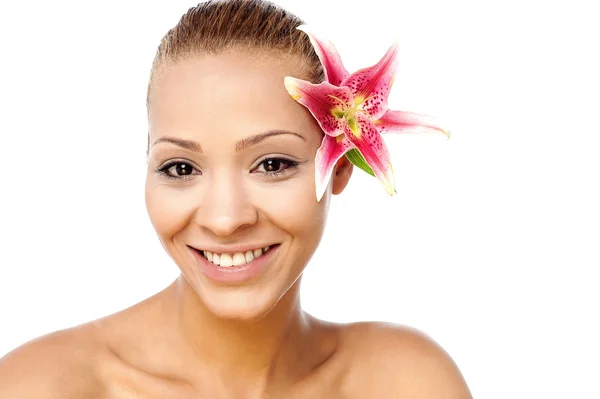 Woman lily flower in hair — Stock Photo, Image