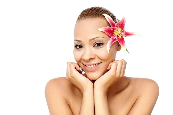 Woman lily flower in hair — Stock Photo, Image