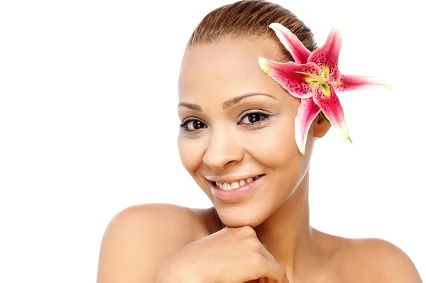 Woman lily flower in hair — Stock Photo, Image