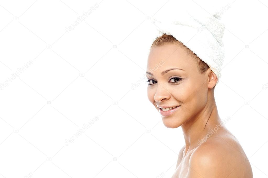 Lady with towel wrapped on head