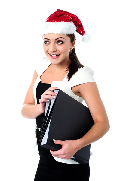 Podnikání žena nosí santa čepice — Stock fotografie