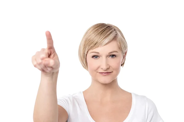 Woman pointing copy space — Stock Photo, Image