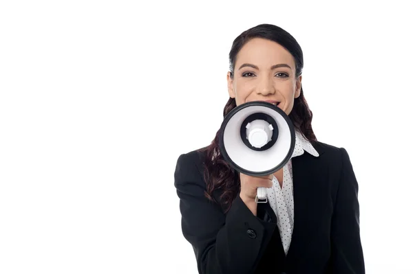 Corporate woman with loudhailer — Stock Photo, Image