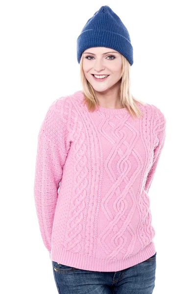 Pretty lady with blue winter cap — Stock Photo, Image