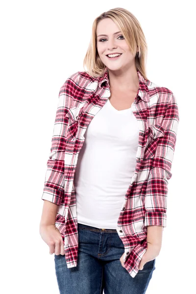 Stylish woman with hands in pockets — Stock Photo, Image