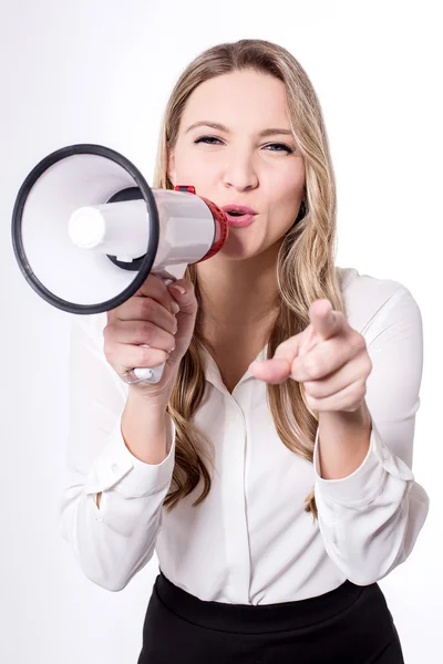 Young business woman holding megaphone — Stock Photo, Image