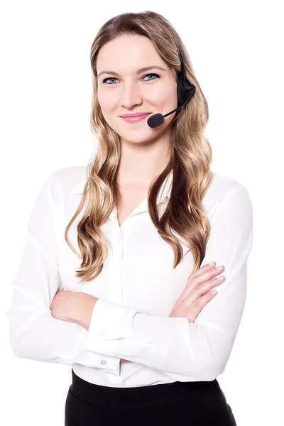 Vertrouwen aantrekkelijke vrouw met headset — Stockfoto