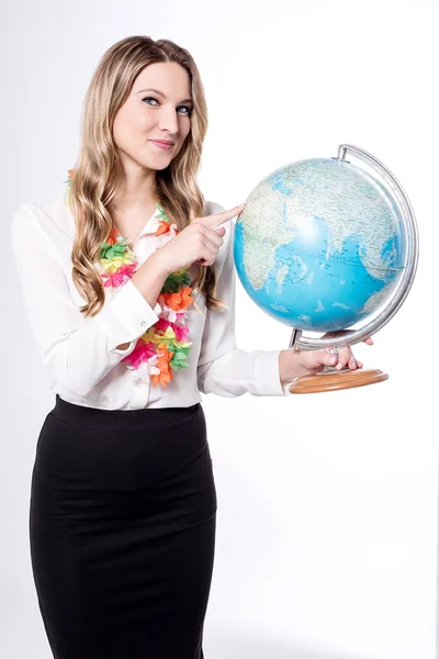 Young woman holding globe. — Stock Photo, Image