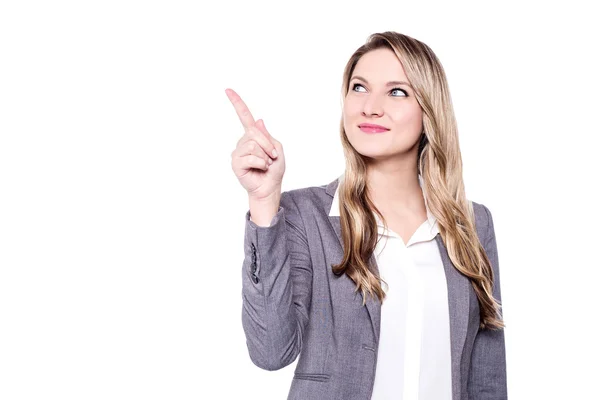 Beautiful woman pointing away — Stock Photo, Image