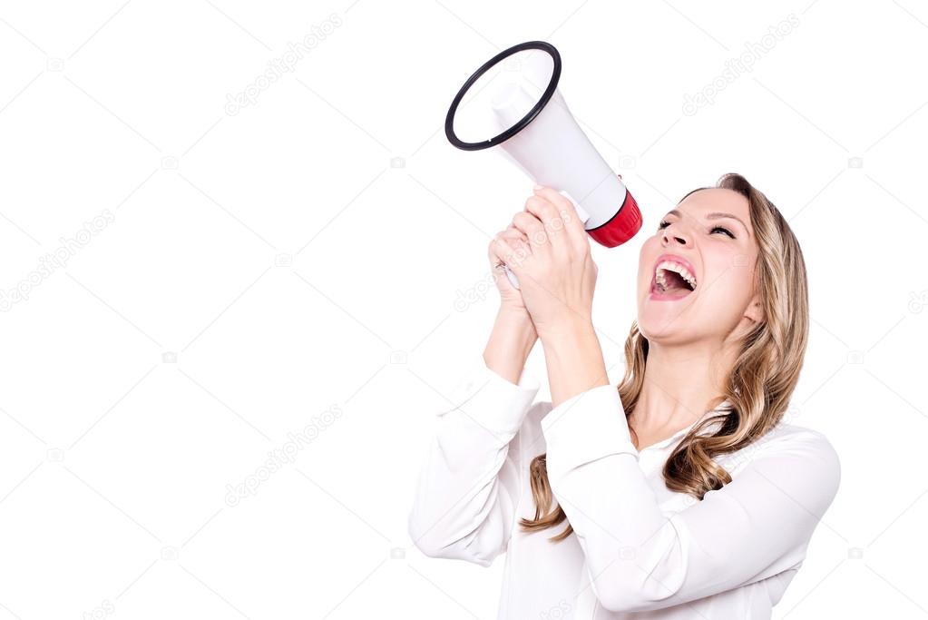 business woman screaming on a megaphone