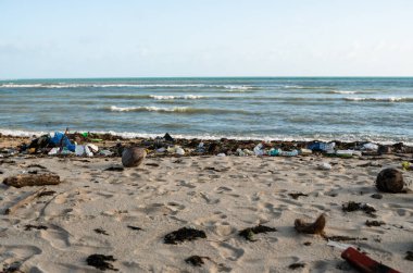KOH SAMUI, THAILAND - 15 Aralık 2019: Plastik şişeler ve Koh Samui adasındaki deniz kıyısındaki diğer çöpler gibi plaj kirliliği. Bu çöpler deniz suyuyla kıyıya savruldu..