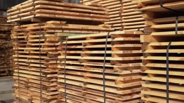 Warehouse for sawing boards on a sawmill outdoors. Timber mill, sawmill. Storage of planed wooden boards. Piles of wooden boards in the sawmill. Planking. Industry. — Stock Video