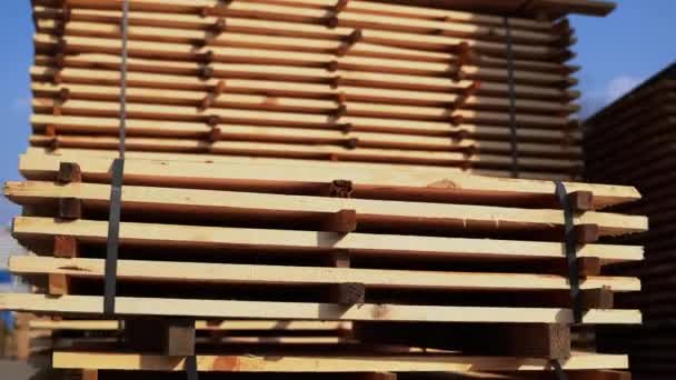 Gudang untuk gergaji papan di sebuah pabrik gergaji luar ruangan. Pabrik kayu, penggergajian. Penyimpanan papan kayu terencana. Tumpukan papan kayu di pabrik gergaji. Planking. Industri. — Stok Video
