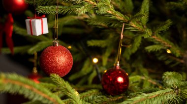Işıklar ve kırmızı oyuncaklarla süslenmiş Noel ağacı.