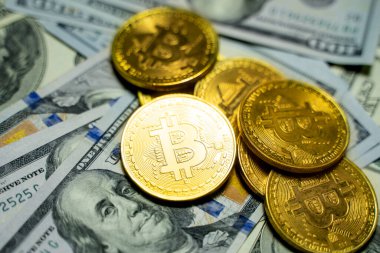 Altın bitcoin paralarla bir dolar. Kripto para değişimi ticareti. Kripto para birimi borsa konsepti. Madencilik ya da engelleme teknolojisi. İş konsepti.