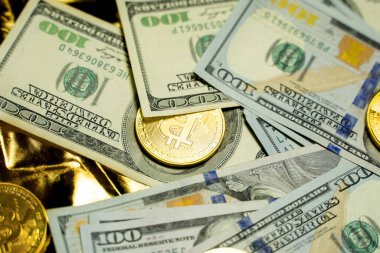 Altın bitcoin paralarla bir dolar. Kripto para değişimi ticareti. Kripto para birimi borsa konsepti. Madencilik ya da engelleme teknolojisi. İş konsepti.