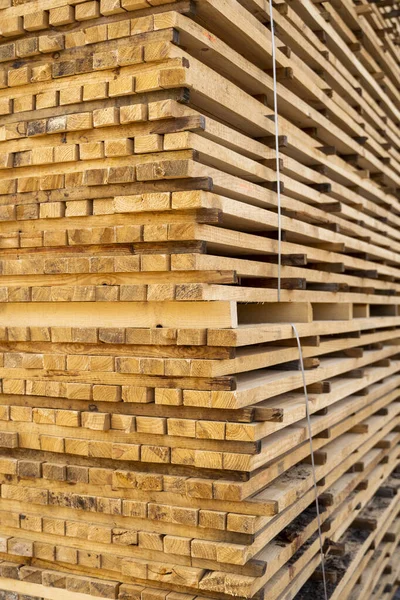 Stockage de piles de planches de bois sur la scierie. Les planches sont empilées dans une menuiserie. Sciage séchage et commercialisation du bois. Sciages de pin pour la production de meubles, la construction. Industrie du bois d'oeuvre. — Photo