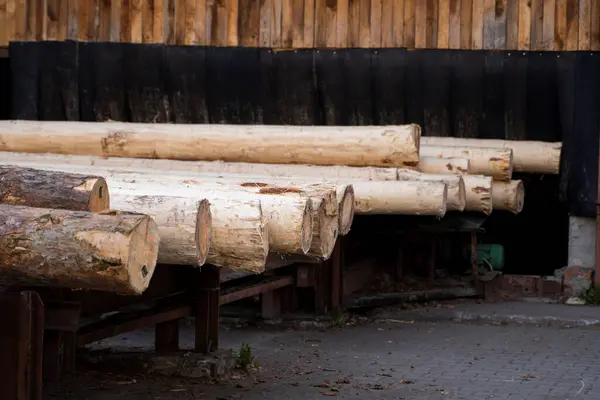 製材所に木製の板の杭のストレージ。木材の乾燥やマーケティングをソーイング.家具の生産、建設のための松の木。木材産業. — ストック写真
