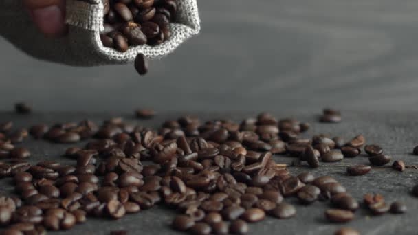Рука разбрасывает кофейные зерна из льняного мешка на деревянный стол. Свежий жареный кофе в Арабика бобы готов для шлифования и сделать вкусный кофе. — стоковое видео