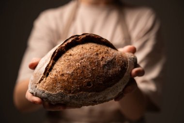 Sıcak el yapımı dokusunu ve geleneksel fırın işçiliğini vurgulayan, iki eliyle öne doğru tutulan kabuklu bir zanaatkar somunu..