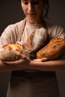 Bir kadın fırıncı, çatırdayan kabukları ve dokulu yüzeyleri olan ve sıcak stüdyo ışıklarında yakalanan birkaç el yapımı zanaatkar somununu elinde tutar..