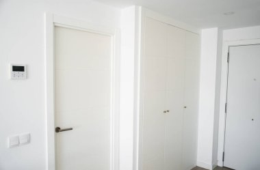 Geniş minimalist koridor, beyaz kapılar ve gömme dolap deposu, parlak duvarlar ve ahşap döşeme döşemeleri çağdaş apartman iç mimarisi, mülk, yenileme ve tasarım konsepti..