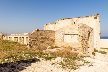 Tonnara di Santa Panagia 'nın Antik Harabeleri (Ton Balığı Balıkçılığı) Syracuse, Sicilya İtalya.