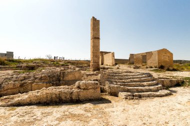Tonnara di Santa Panagia 'nın Eski Harabeleri (Ton Balığı Balıkçılığı) Syracuse, Sicilya İtalya.