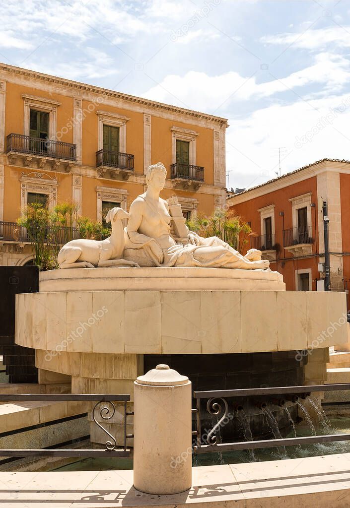 Beautiful Sights of Diana Fountain Square (Piazza Fonte Diana) in Comiso, Province of Ragusa, Italy.