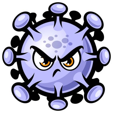 Covid-19 Coronavirus çizgi filmi. Beyaz arkaplanda izole edilmiş komik kızgın Corona virüsü karakter vektör çizimi.
