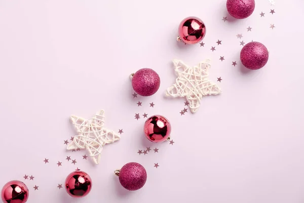 Christmas Card Christmas Decorations Balls Stars Confetti Pastel Pink Background — Stock Photo, Image