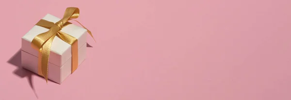White Gift Box Ribbon Bow Pastel Pink Background Copy Space — Stock Photo, Image