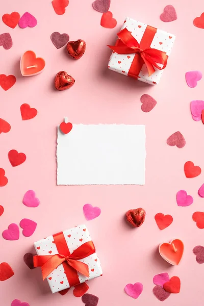 Valentine Day Flat Lay Composition Top View Blank Paper Card — Stock Photo, Image