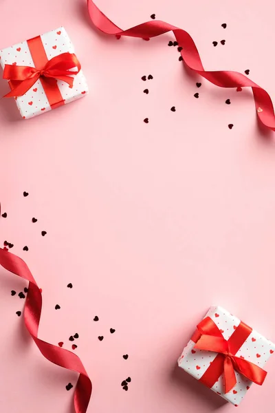 Valentines Day Banner Design Top View Gifts Red Ribbon Confetti — Stock Photo, Image
