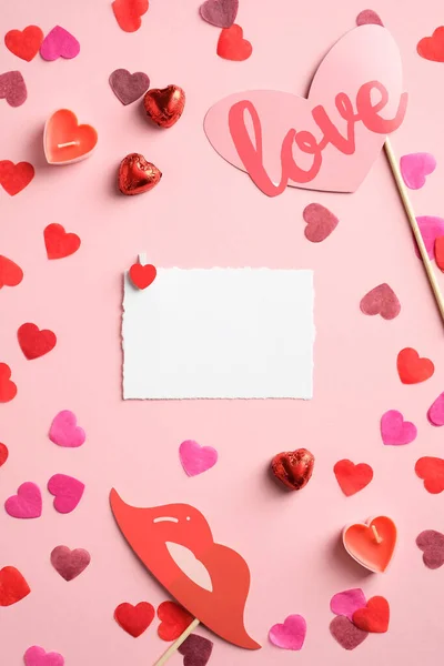 Fondo Del Día San Valentín Con Tarjeta Papel Blanco Decoración —  Fotos de Stock