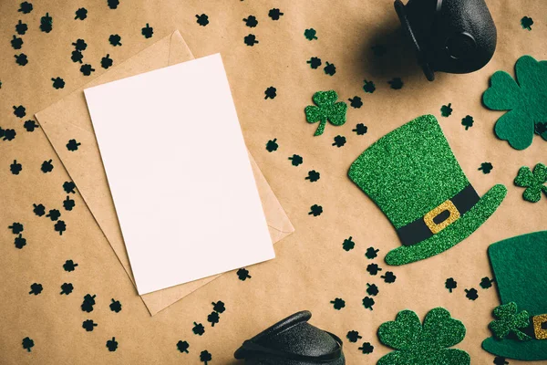 Patrick Day Banner Design Blank Paper Card Irish Elf Hats — Stock Photo, Image