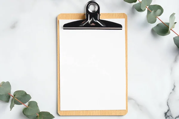 Wooden Clipboard Mockup Eucalyptus Leaves Marble Background Home Office Desk — Stockfoto