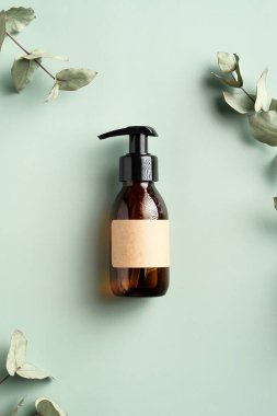 Yeşil arka planda ev yapımı şampuan ve okaliptüs yapraklı koyu kehribar cam şeker kutusu. SPA doğal organik kozmetik ürün ambalaj tasarımı, markalaşma.