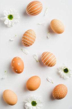 Paskalya düzlüğü kompozisyonu. Beyaz arka planda Paskalya yumurtaları ve bahar çiçekleri. Düz, üst görünüm, dikey.