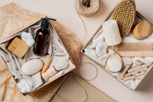 Beauty boxes with natural organic cosmetics. SPA, body care, haircare concept. Zero waste, eco-friendly packaging.