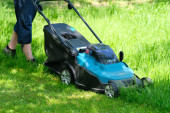 Gardener with electric lawn mower cutting green grass.