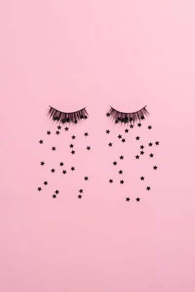 False Eyelashes Tears Confetti Pink Background Top View — Stock Photo, Image