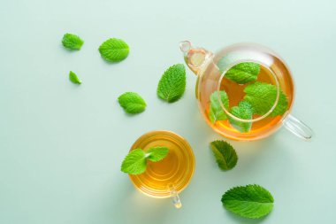 Yeşil arka planda naneli çay ve çaydanlık. Düz yerde, üst tarafta. Bitki çayı konsepti.