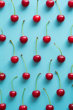 Kiraz deseni. Turkuaz arka planda yassı kirazlar vardı. Üst görünüm