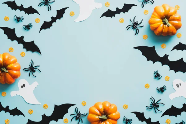 Buon Concetto Festa Halloween Composizione Laica Piatta Con Zucche Pipistrelli — Foto Stock