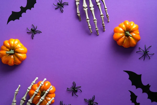 Halloween Dekorationen Kürbisse Spinnen Fledermäuse Auf Violettem Hintergrund Flache Lage — Stockfoto