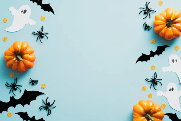 Halloween Piatto Laici Composizione Con Zucche Arancioni Fantasmi Ragni Pipistrelli — Foto Stock