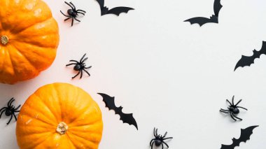 Cadılar Bayramı süslemeleri beyaz masada. Düz yatıyordu, örümceklerden, yarasalardan, balkabaklarından oluşuyordu. Mutlu Cadılar Bayramı afişi tasarımı.