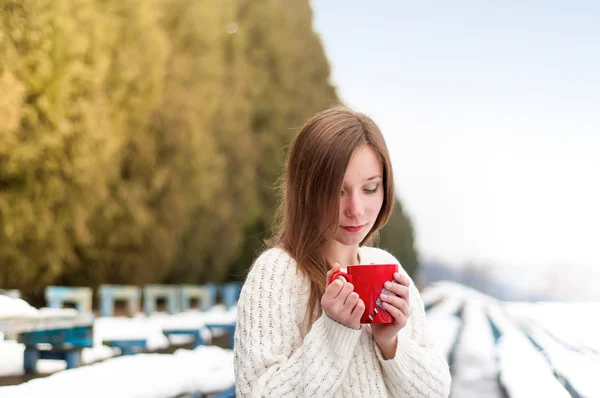 Красива дівчина п'є гарячу каву в зимовому парку — стокове фото